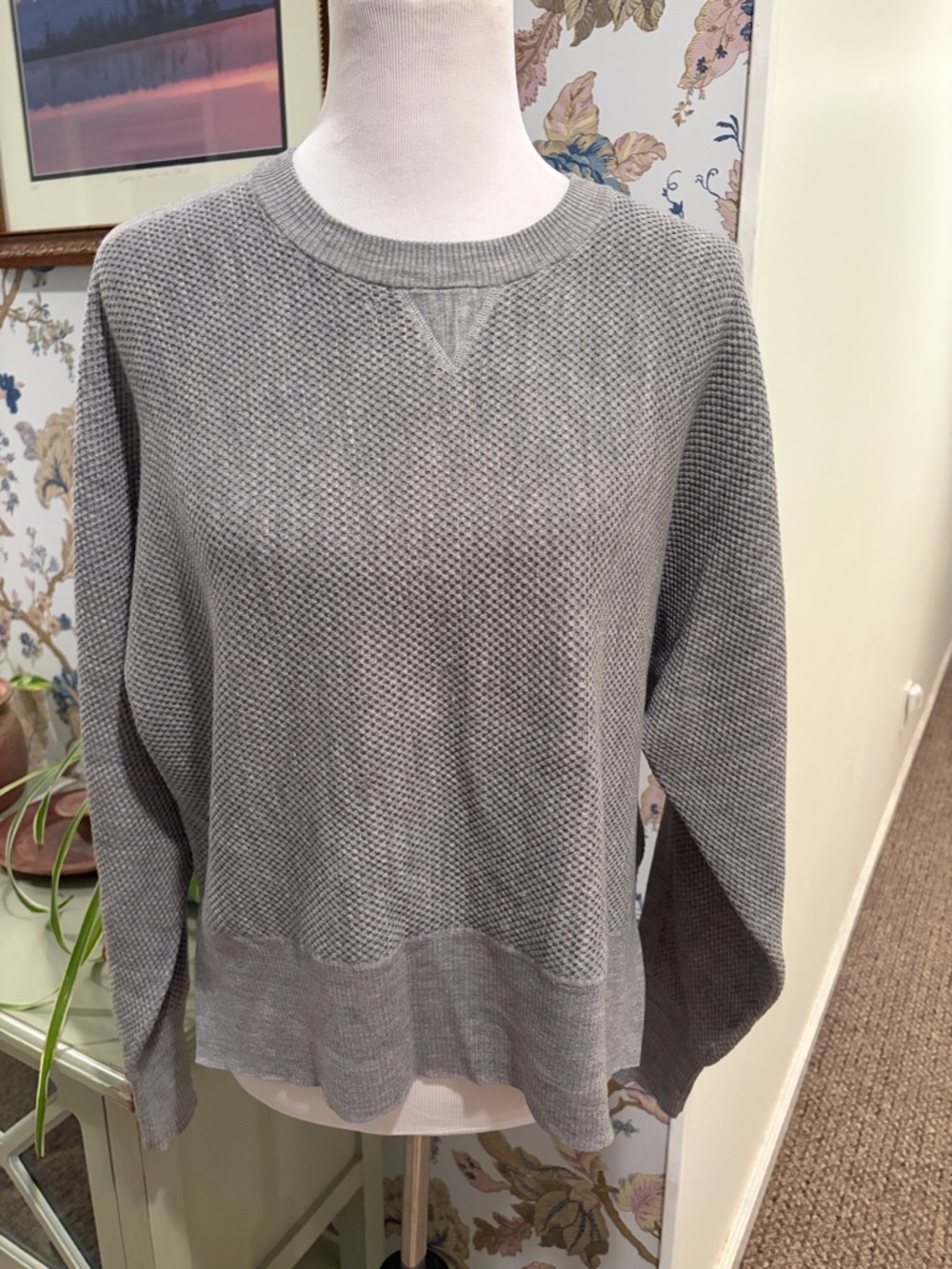 Vince Gray Waffle Knit Wool Silk Dolman  Textured Crewneck Sweater